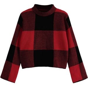 Women's Long Sleeve High Neck Plaid Crop Sweater Pullover